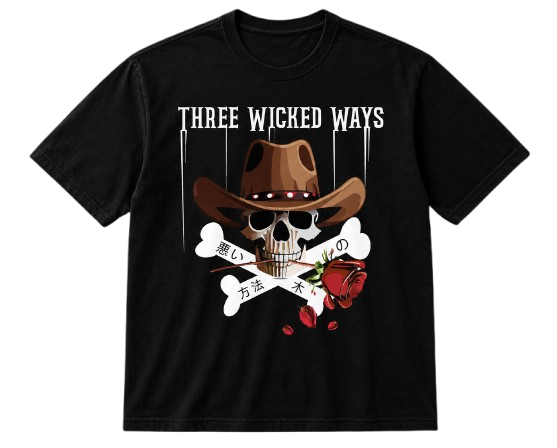 Front of Three Wicked Ways rose design T-shirt